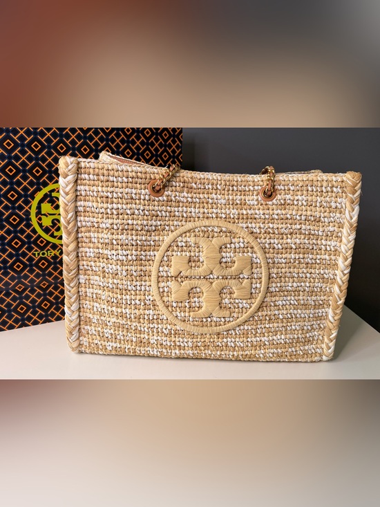 Tory Burch Handbags - NWOT - Tory Burch Ella Raffia Tote - Cream & White
